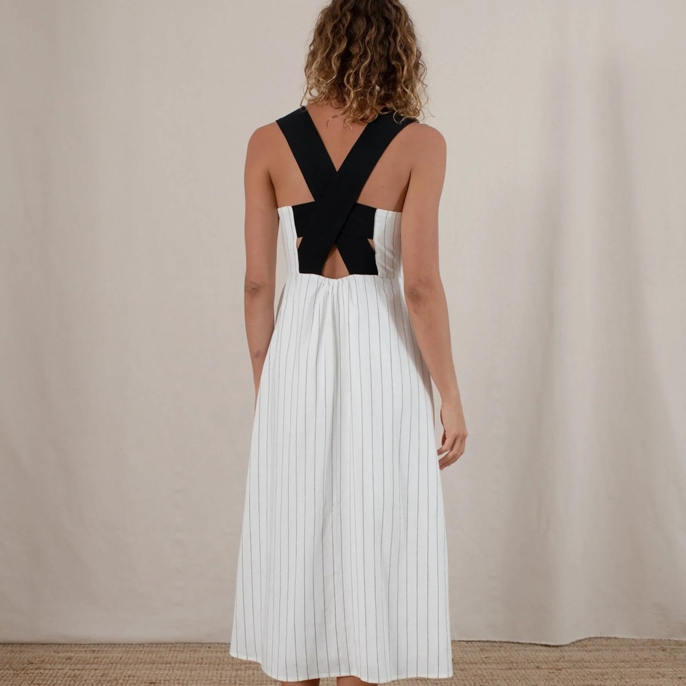 Luxmii Gessato Linen Midi Dress M Pinstripe Black Strap Resort A Line - Picture 2 of 10